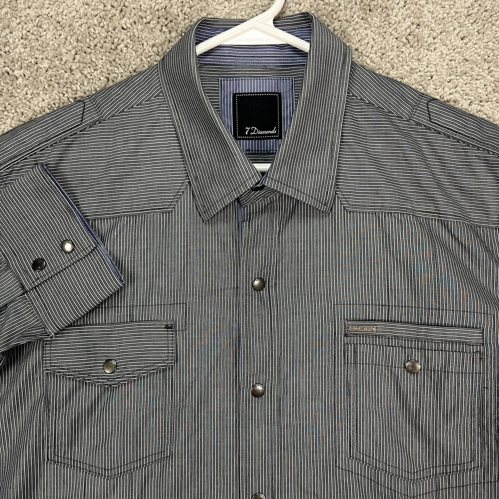 7 Diamonds‎ Shirt Mens Large Black White Striped Snap Button Western Pockets